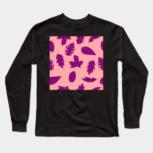 Leaves Pattern - Red and Purple on Pink Long Sleeve T-Shirt
